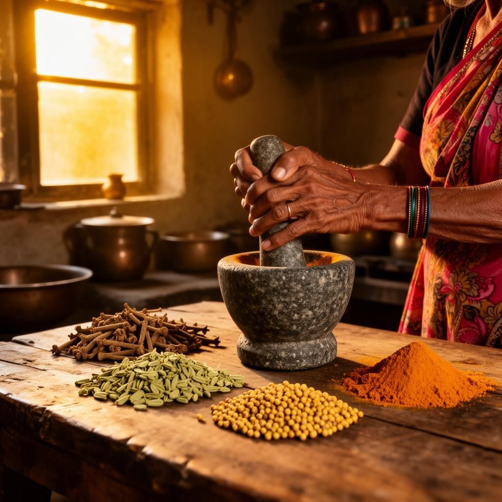 Hand-grinding spices in a traditional kitchen